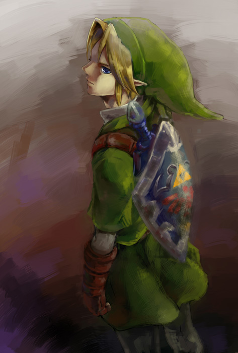 bad_id bad_pixiv_id blonde_hair blue_eyes gloves hat link loveinco male_focus pointy_ears shield smile solo sword the_legend_of_zelda the_legend_of_zelda:_ocarina_of_time weapon