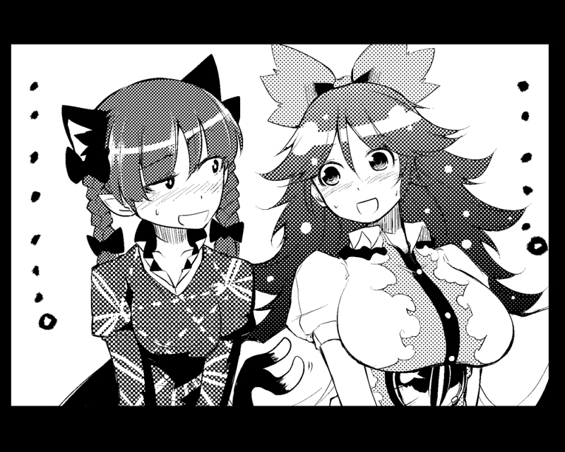 2girls blush bow breasts comic eye_contact greyscale hair_bow hokuto_(scichil) kaenbyou_rin large_breasts long_hair looking_at_another monochrome multiple_girls reiuji_utsuho short_hair touhou