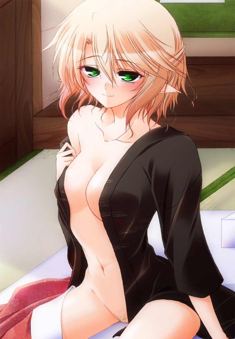 bed blonde_hair breasts cleavage green_eyes hazuki_kasane mizuhashi_parsee navel no_bra open_clothes pointy_ears pubic_hair short_hair small_breasts smile solo touhou