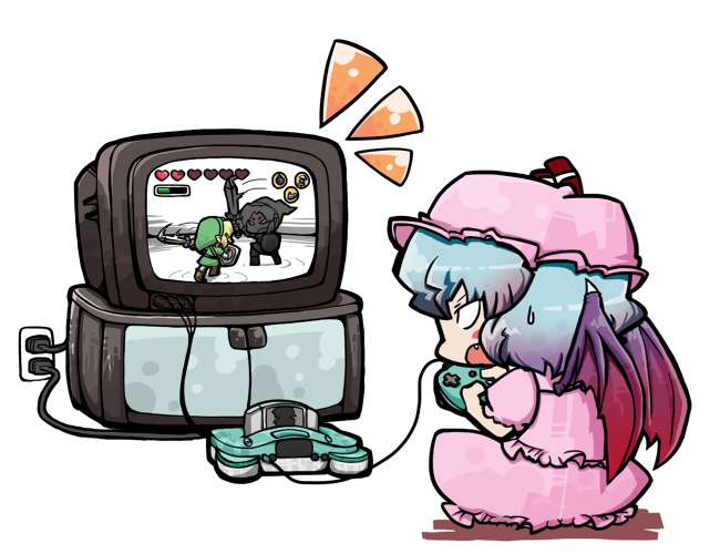 bad_id bad_pixiv_id blue_hair blush_stickers bomb chibi controller dark_link fang game_cartridge game_console game_controller gamepad hat heart hookshot instrument link nintendo_64 nura_(oaaaaaa) ocarina open_mouth playing_games red_eyes remilia_scarlet shield simple_background solo sweatdrop sword television the_legend_of_zelda the_legend_of_zelda:_ocarina_of_time touhou tunic video_game weapon white_background wings