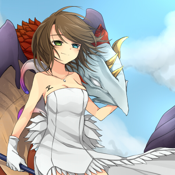 blue_eyes brown_hair dress female final_fantasy final_fantasy_x gloves green_eyes heterochromia hoshihuri hosihuri jewelry necklace outdoors short_hair sky solo staff strapless strapless_dress tattoo valefor yuna