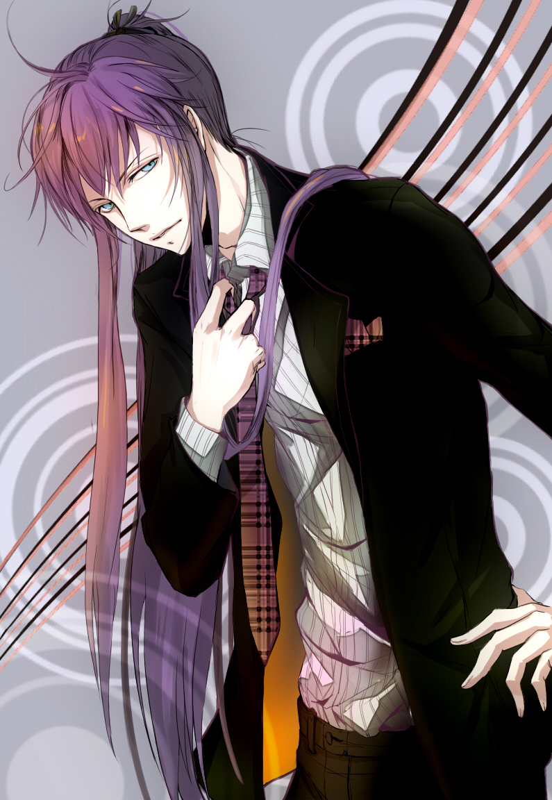artist_request blue_eyes formal kamui_gakupo leaning_forward long_hair male_focus necktie purple_hair solo suit vocaloid
