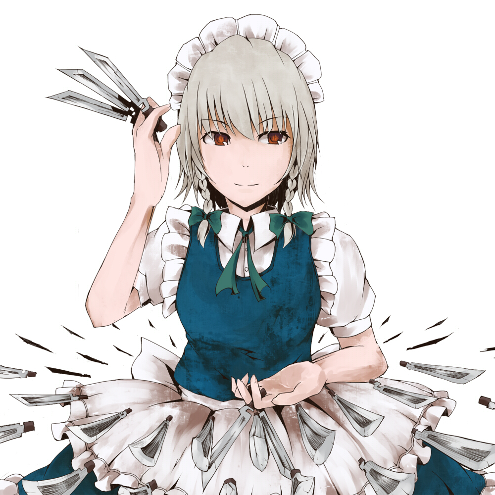 bow braid hair_bow izayoi_sakuya knife maid maid_headdress red_eyes short_hair silver_hair solo tami touhou twin_braids