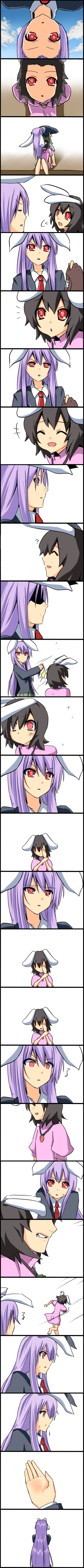 absurdres animal_ears bad_id bad_pixiv_id black_hair blazer bunny_ears bunny_tail carrot comic highres inaba_tewi jacket long_hair long_image multiple_girls nase necktie purple_hair red_eyes reisen_udongein_inaba short_hair silent_comic skirt slapping smile tail tall_image touhou very_long_hair