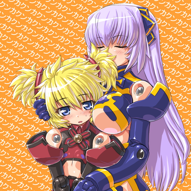 alternate_costume altines altrene between_breasts blonde_hair blue_eyes breasts busou_shinki dd_(ijigendd) doll_joints flat_chest hug large_breasts long_hair mecha_musume multiple_girls purple_hair short_twintails twintails