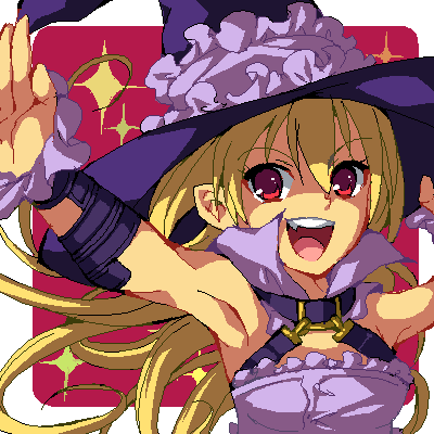 :d armpits bare_shoulders belt blonde_hair choker enoo fang happy hat long_hair lowres marivel_armitage oekaki open_mouth pointy_ears red_eyes simple_background smile solo sparkle vampire wild_arms wild_arms_2 witch witch_hat wrist_cuffs