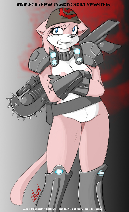 aeris_(vg_cats) armor blue_eyes breasts cat cosplay crossed_arms fang feline female gears_of_war gun lancer lapinstein pink pubic_tuft shoulder_pads solo tail unconvincing_armour vgcats weapon