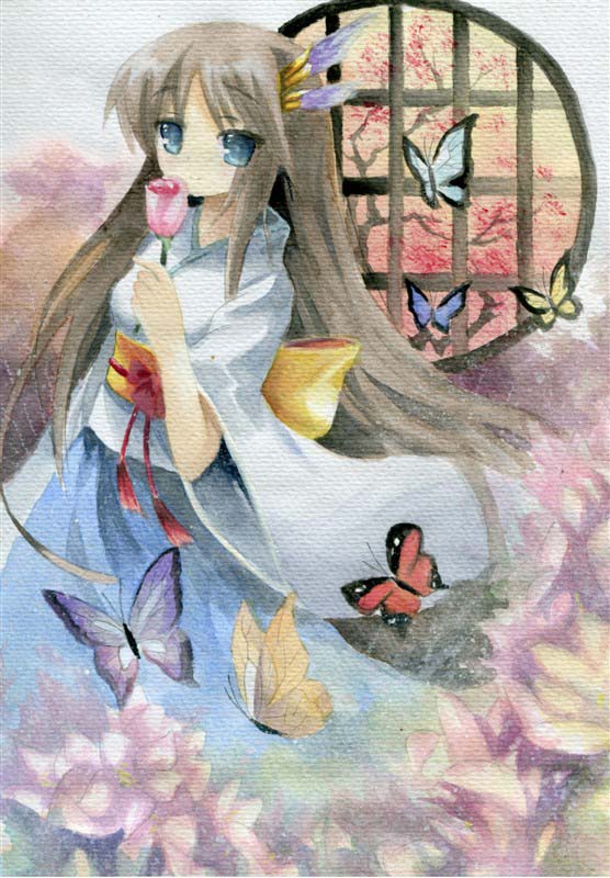 bad_id bad_pixiv_id blue_eyes brown_hair bug butterfly cherry_blossoms flower hair_ornament insect japanese_clothes long_hair original pink_flower pink_rose rose solo sxbzero traditional_media watercolor_(medium)