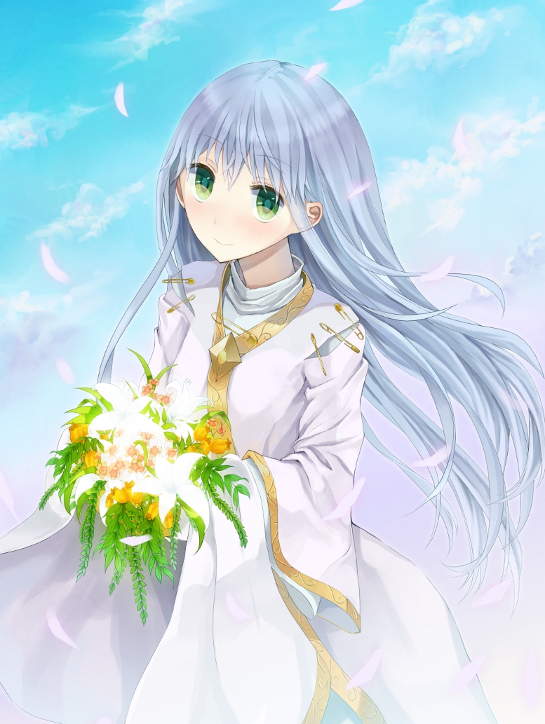 bad_id bad_pixiv_id blue_hair bouquet flower green_eyes index long_hair robe safety_pin smile solo to_aru_majutsu_no_index wide_sleeves yocchin