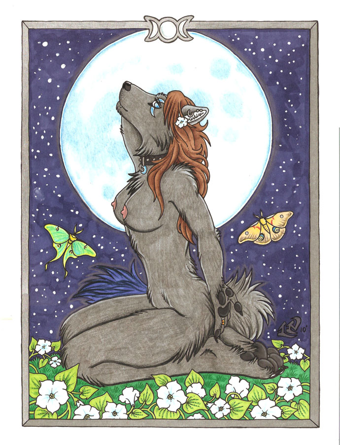 anthro arthropod blue_eyes breasts butterfly canine choker female flower flowers insect kneeling looking_at_viewer luthiennightwolf mammal moon nipples nude piercing solo wolf