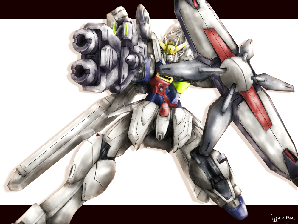 aiming_at_viewer bad_id bad_pixiv_id beam_rifle energy_gun gun gundam gundam_x_divider mecha no_humans shield simple_background weapon zenmai_iguana