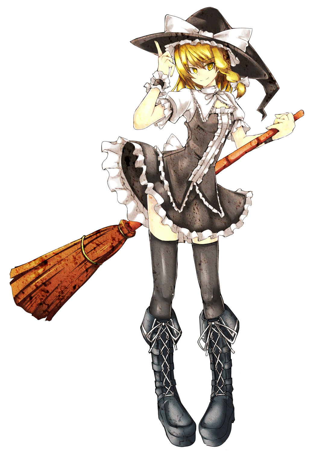 bad_hands blonde_hair boots bow braid broom cross-laced_footwear frills full_body hair_bow hat highres kirisame_marisa ku-ba lace-up_boots short_hair simple_background smile solo thighhighs touhou witch_hat wrist_cuffs yellow_eyes zettai_ryouiki