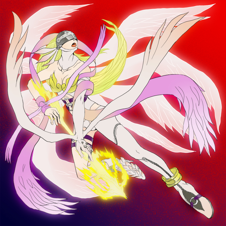angel_wings angewomon arrow asymmetrical_clothes belt breastplate breasts cleavage digimon digimon_adventure elbow_gloves gel_shu gloves gradient gradient_background head_wings helmet medium_breasts mismatched_footwear multiple_wings navel_cutout open_mouth ribbon single_elbow_glove single_glove solo thigh_strap wings