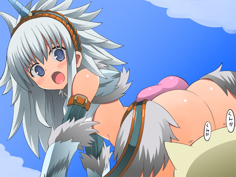 artist_request ass blue_eyes capcom cunnilingus felyne kirin kirin_(armor) monster_hunter oral shamanwer white_hair