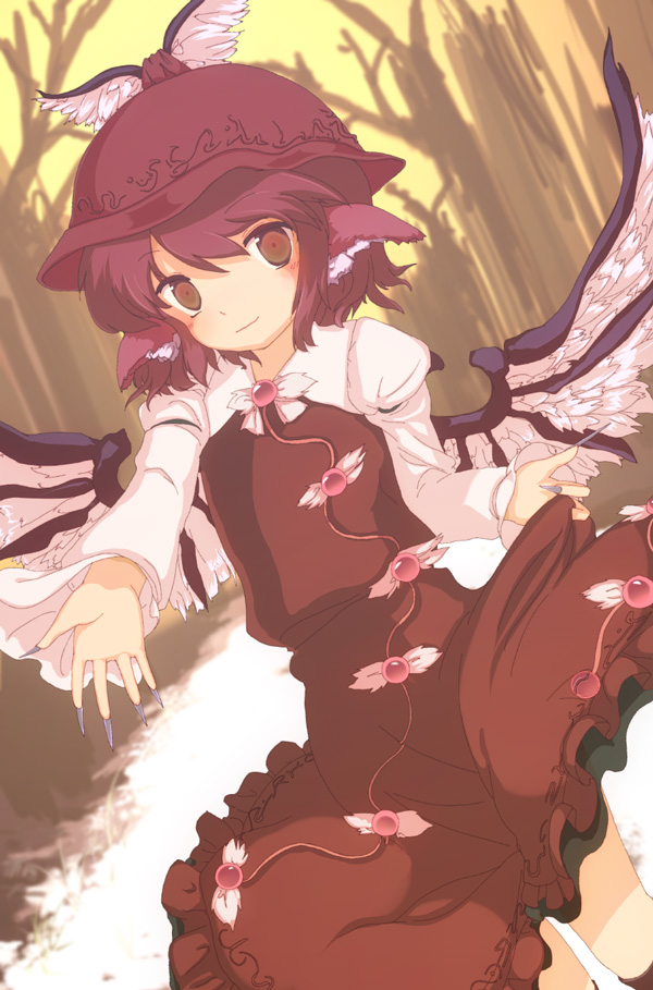 animal_ears bad_id bad_pixiv_id claws clothes_grab dress dutch_angle fingernails frilled_dress frills hat kinohanaomise long_fingernails long_sleeves mystia_lorelei outstretched_hand pink_hair smile solo touhou wings