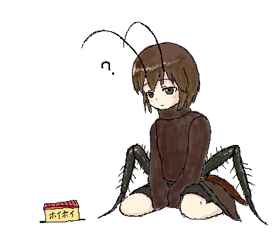 ? antenna antennae arisawa_yutaka brown_eyes brown_hair cocaro cockroach insect insect_girl lowres roach_trap simple_background turtleneck