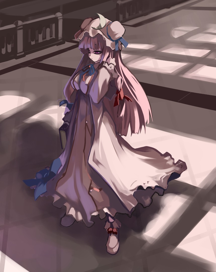 blush book breasts crescent full_body hat large_breasts long_hair patchouli_knowledge purple_eyes purple_hair shishamo@ solo standing touhou window_shade
