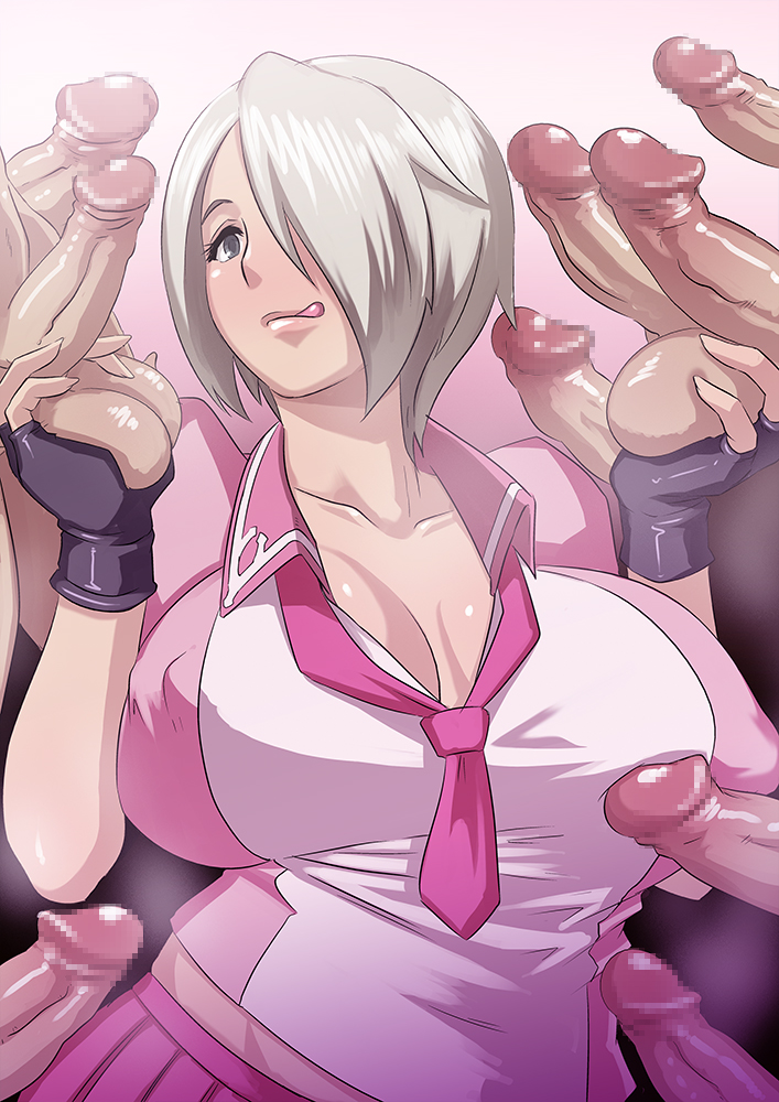 angel_(kof) breasts butcha-u covered_nipples cum cum_in_mouth fingerless_gloves gloves hair_over_one_eye huge_breasts licking_lips multiple_penises oral penis school_uniform serafuku solo_focus the_king_of_fighters tongue tongue_out