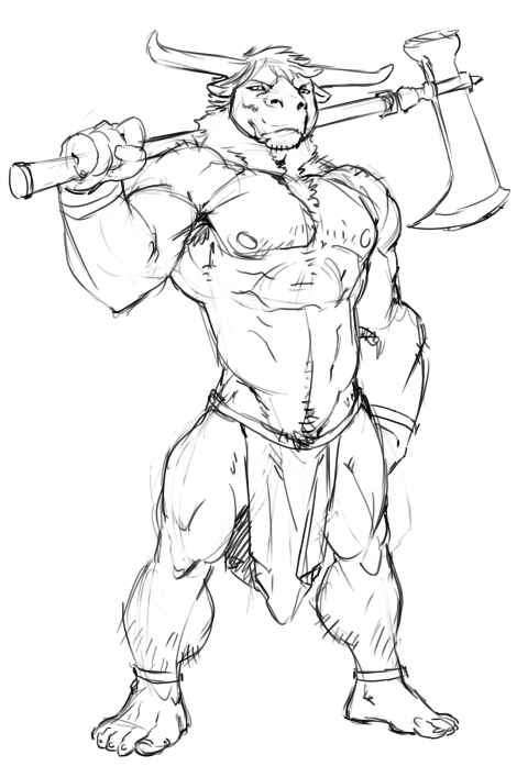 axe bovine bull horns loincloth male minotaur muscles solo thewielder underwear weapon