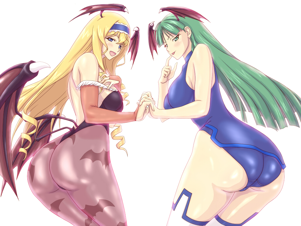 :p appurin ass back bare_shoulders bat_print blonde_hair blue_eyes blush bodysuit bridal_gauntlets capcom cecilia_alcott cecilia_alcott_(cosplay) cosplay costume_switch crossover demon_wings drill_hair green_eyes green_hair hairband hand_holding head_wings holding_hands huge_ass infinite_stratos leotard long_hair low_wings morrigan_aensland morrigan_aensland_(cosplay) multiple_girls open_mouth pantyhose pilot_suit print_legwear simple_background thighhighs tongue tongue_out vampire_(game) very_long_hair wings