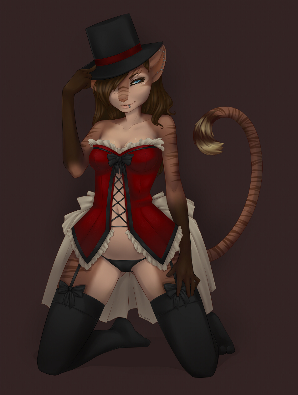 2011 blue_eyes corset eelyak feline female hair_over_eye hat kneeling looking_at_viewer panties piercing roro skimpy solo top_hat underwear