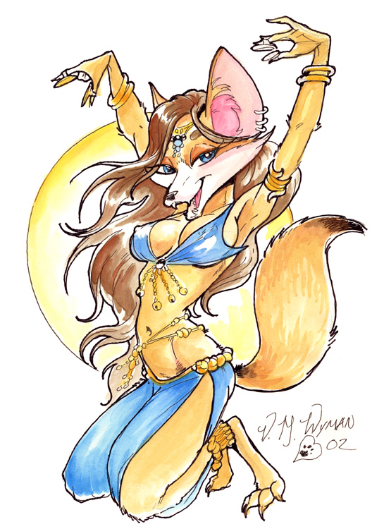 2002 belly_dancer blue_eyes brown_hair canine claws cleavage dancing digitigrade fangs fatima female fennec fox hair half-closed_eyes harem jewelry kneeling leanna long_hair looking_at_viewer navel open_mouth skimpy solo tail vicky_wyman white_background xanadu
