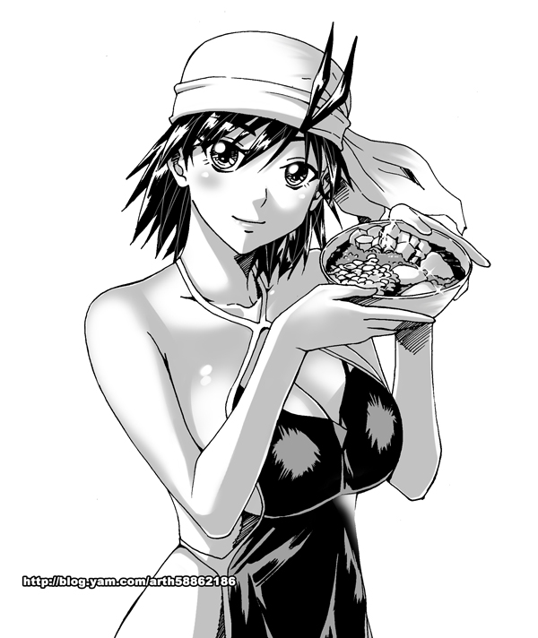 antenna_hair apron bandana bowl breasts cleavage collarbone food ge_xi greyscale huge_breasts monochrome naked_apron original short_hair simple_background smile solo watermark web_address