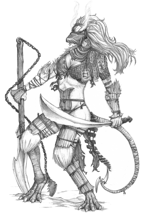 black_and_white cleavage dedded female ink-eyes magic_the_gathering mask monochrome naginata ninja rat rodent solo standing sword unconvincing_armour weapon