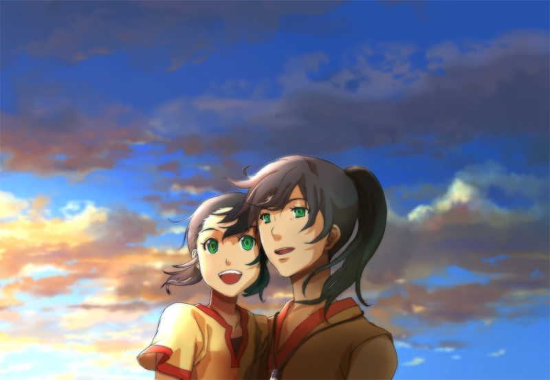 bad_id bad_pixiv_id cloud cloudy_sky erin family green_eyes green_hair happy jewelry katagiri kemono_no_souja_erin mother_and_daughter multiple_girls necklace open_mouth ponytail short_hair sky smile soyon sunset