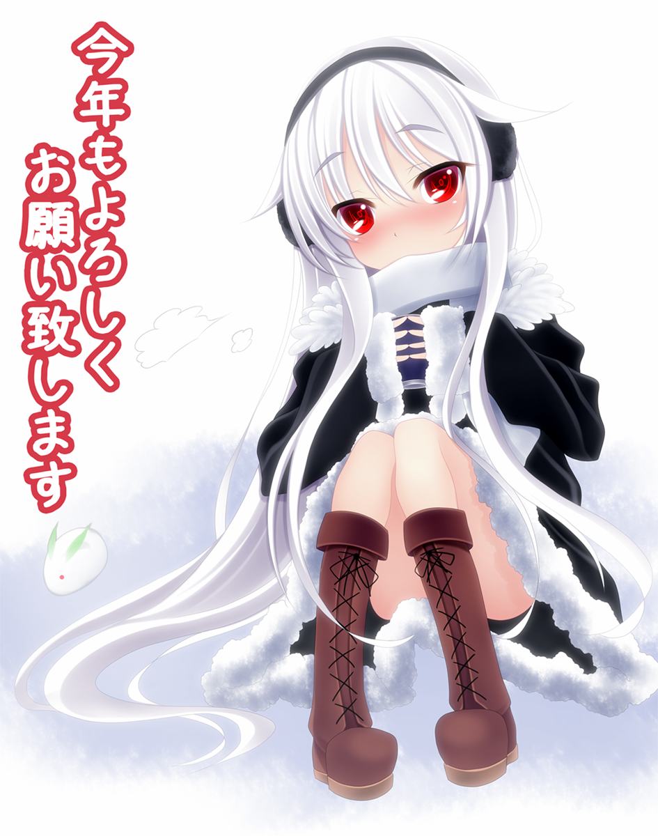 afilia_(kiyomin) coat highres kiyomin original red_eyes silver_hair sitting snow_bunny solo