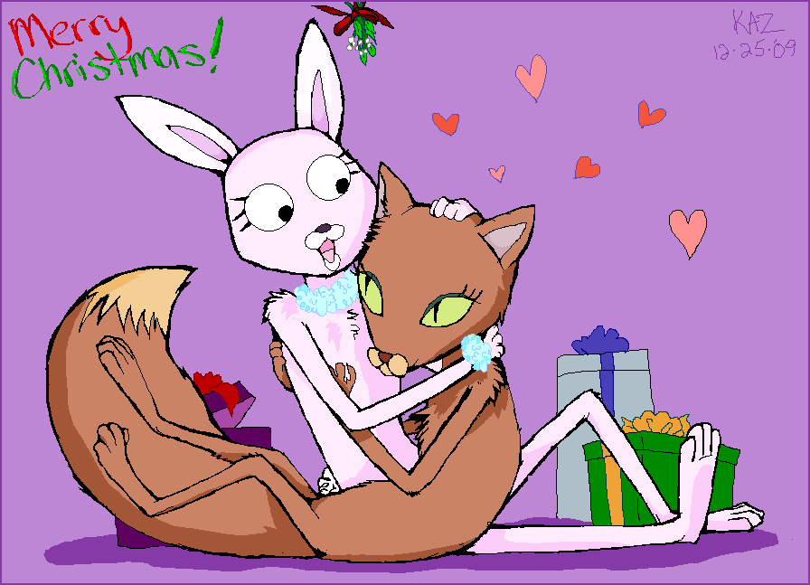 bunny_(character) cat christmas couple courage_the_cowardly_dog feline female friends holidays kitty_(character) lagomorph lesbian mammal mistletoe rabbit wolfspit xmas