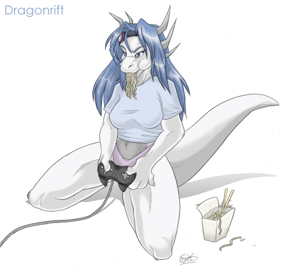 dragon dragonrift female gamer goggles joypad keihound kneeling midriff noodles scalie slurp solo