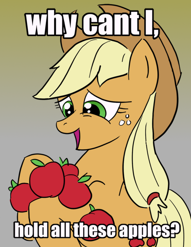 apple applejack_(mlp) apples blonde_hair cutie_mark english_text equine female feral freckles friendship_is_magic fruit green_eyes hair hat horse image_macro long_hair mammal my_little_pony pony solo text unknown_artist