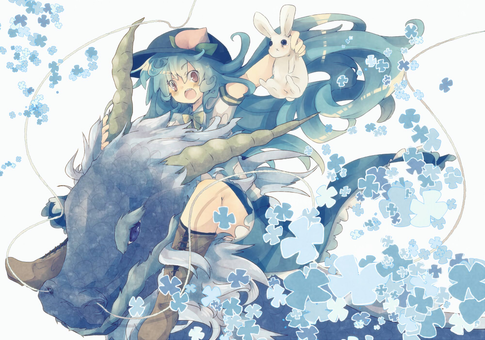 :x bad_id bad_pixiv_id blue_hair boots bunny cross-laced_footwear dragon eastern_dragon fang food fruit hat hinanawi_tenshi horns lace-up_boots long_hair masirosu peach red_eyes solo touhou whiskers