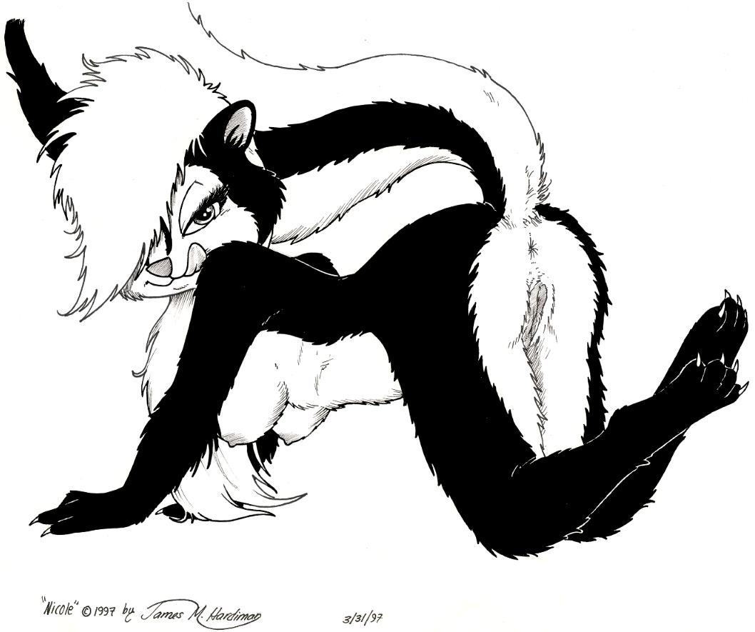 all_fours anus black_and_white breasts butt female james_m_hardiman looking_at_viewer mammal monochrome nichole nicole nude plain_background presenting presenting_hindquarters pussy raised_tail seductive skunk solo tail white_background