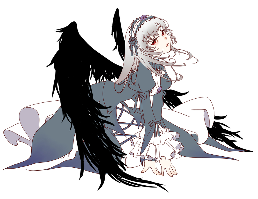 all_fours bad_id bad_pixiv_id dress flower frills hairband long_hair purple_flower purple_rose red_eyes rose rozen_maiden silver_hair simple_background solo suigintou wings yuki_(wankosoba)