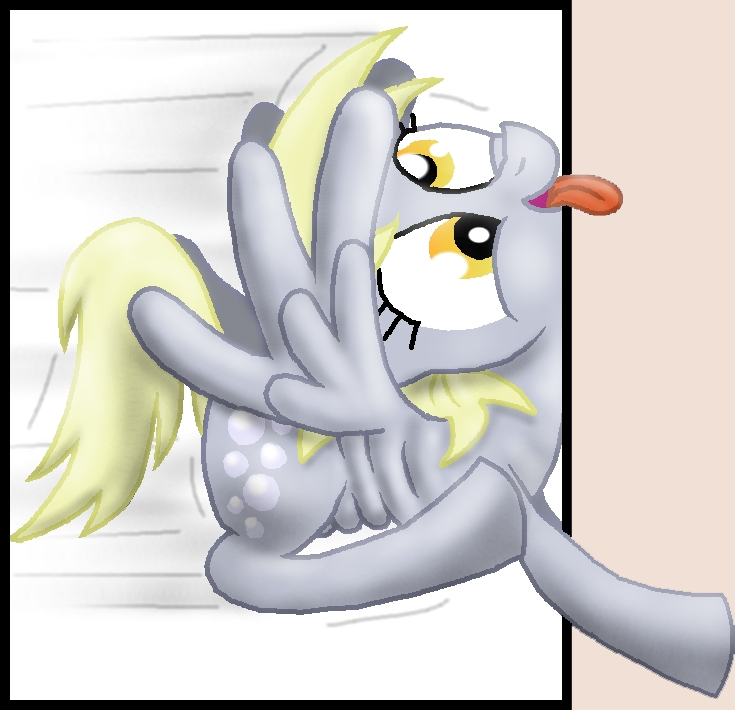 blonde_hair crash cutie_mark derp derpy_hooves_(mlp) equine female feral friendship_is_magic hair horse mammal my_little_pony pegasus pony solo tongue unknown_artist wall wings