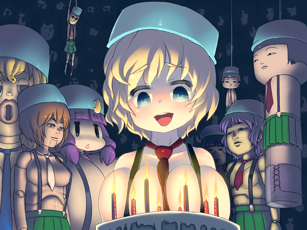 alice_margatroid basin between_breasts blueberry_(5959) breasts cake candle cleavage commentary food gigantic_breasts huge_breasts kokeshi lonely necktie patchouli_knowledge solo suspenders touhou what