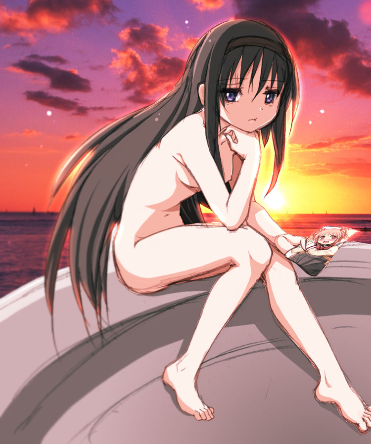 :t akemi_homura barefoot black_hair breasts chin_rest face feet hairband hand_on_own_chin harukigenia kaname_madoka long_hair mahou_shoujo_madoka_magica nude photo_(object) pink_eyes pink_hair purple_eyes short_hair short_twintails sideboob sitting sketch small_breasts solo sunset twintails very_long_hair