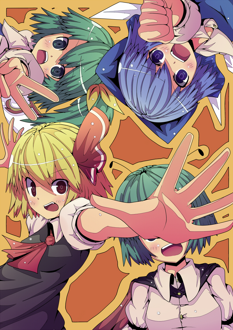 antennae ascot blonde_hair blue_hair bow cape cirno clenched_hand covering_face daiyousei foreshortening gamuo green_hair hair_bow multiple_girls open_mouth outstretched_arms outstretched_hand rumia spread_arms team_9 touhou v wings wriggle_nightbug