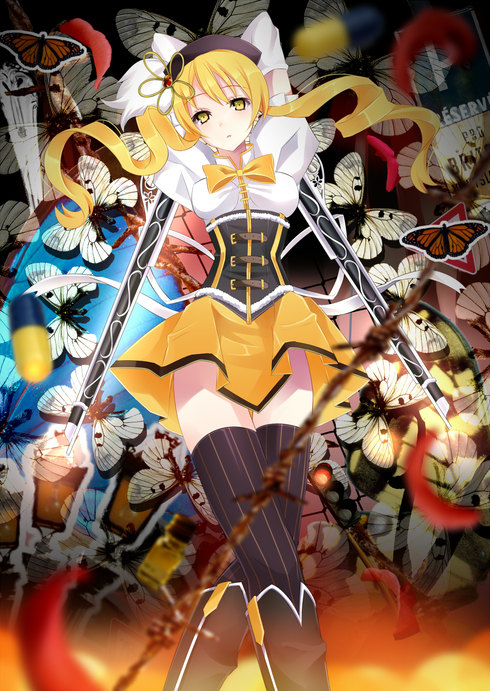 arms_up bad_id bad_pixiv_id beret blonde_hair boots brown_legwear bug butterfly crossed_legs detached_sleeves drill_hair fingerless_gloves gloves gun hair_ornament hairpin hat highres insect magical_girl magical_musket mahou_shoujo_madoka_magica pleated_skirt puffy_sleeves ribbon rifle skirt solo standing striped striped_legwear thighhighs tomoe_mami twin_drills twintails vertical-striped_legwear vertical_stripes weapon witch's_labyrinth yellow_eyes yuna_(rutera) zettai_ryouiki