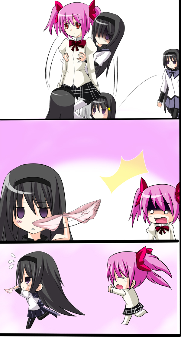 2girls akemi_homura bin1998 black_hair bow bow_panties chibi clothes_theft comic eyebrows_visible_through_hair flying_sweatdrops hairband holding holding_panties kaname_madoka long_hair magical_girl mahou_shoujo_madoka_magica mitakihara_school_uniform multiple_girls o_o panties panties_around_one_finger panties_removed pantyhose pink_eyes pink_hair pink_panties purple_eyes school_uniform short_hair silent_comic theft thighhighs time_stop twintails underwear underwear_theft yuri