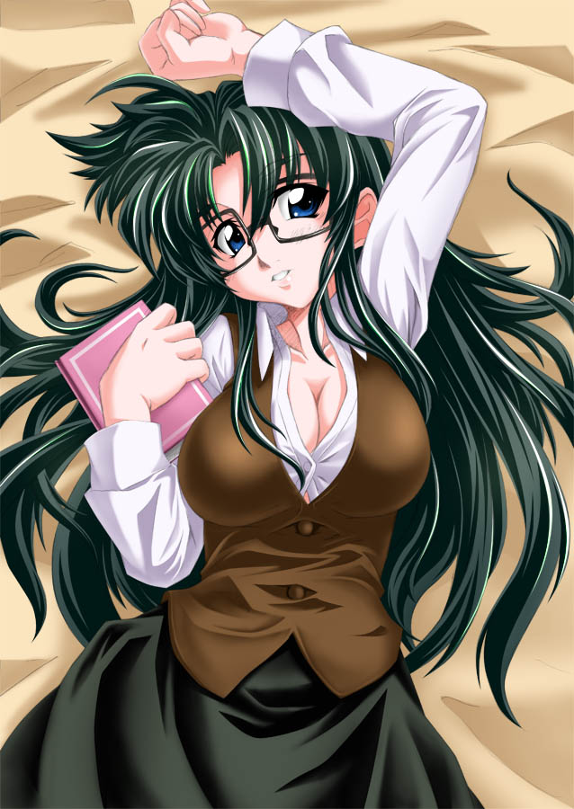 blue_eyes book breasts cleavage from_above gekato glasses green_hair large_breasts long_hair lying read_or_die solo vest yomiko_readman