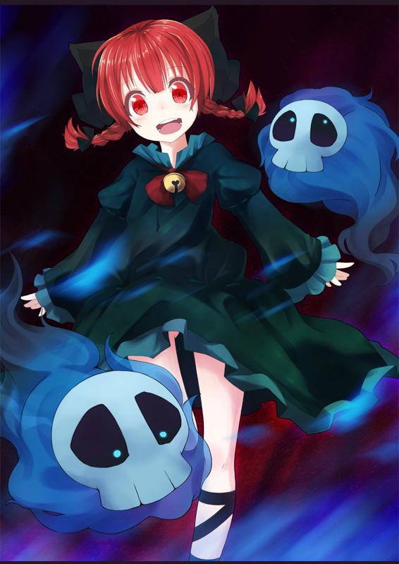 animal_ears bad_id bad_pixiv_id bow braid cat_ears chonbo_(artist) fire hair_bow kaenbyou_rin leg_up open_mouth red_eyes red_hair skull sleeves_past_wrists smile solo touhou twin_braids twintails