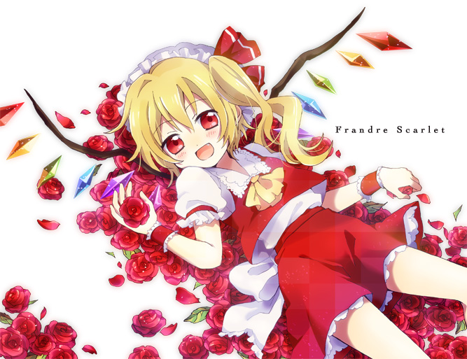 :d ascot blonde_hair bow fang flandre_scarlet flower hair_bow hat hat_bow lying on_back open_mouth petals red_eyes red_flower red_rose rose rose_petals sakuro side_ponytail skirt smile solo touhou wings wrist_cuffs
