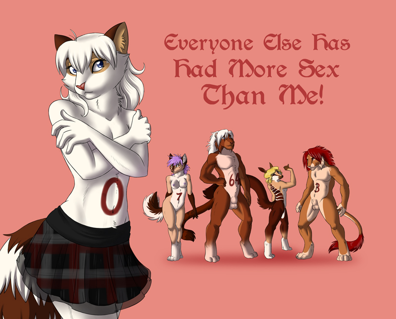 breasts canine cat clothed clothing dog english_text everyone_else_has_had_more_sex_than_me feline female half-dressed husky hybrid liger lion male mammal nude numbat peri peridotkitty sheath skimpy standing text topless