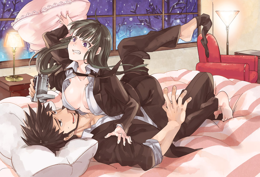 1girl bad_id bad_pixiv_id bangs barefoot beard bed black_hair blunt_bangs blush breasts camcorder camera cleavage couple darker_than_black facial_hair formal hazuki_mina_(darker_than_black) hetero large_breasts long_hair necktie ocha_(oteaaa) open_clothes open_shirt pant_suit pillow purple_eyes shirt shizume_genma sock_pull spiked_hair suit tears