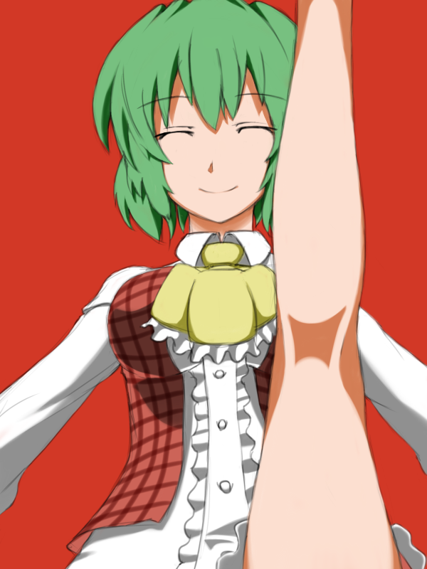 ascot breasts closed_eyes green_hair impossible_clothes impossible_shirt impossible_vest kazami_yuuka kneepits leg_up medium_breasts plaid plaid_vest red_background shirt short_hair smile solo thighs touhou u.s.m.c vest