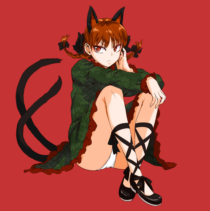 animal_ears braid cat_ears cat_tail cross-laced_footwear extra_ears eyeshadow face frown hands kaenbyou_rin leg_ribbon makeup multiple_tails no_socks panties red_background red_eyes red_hair ribbon short_hair simple_background sitting solo tail touhou tsurime tsurui twin_braids twintails underwear white_panties