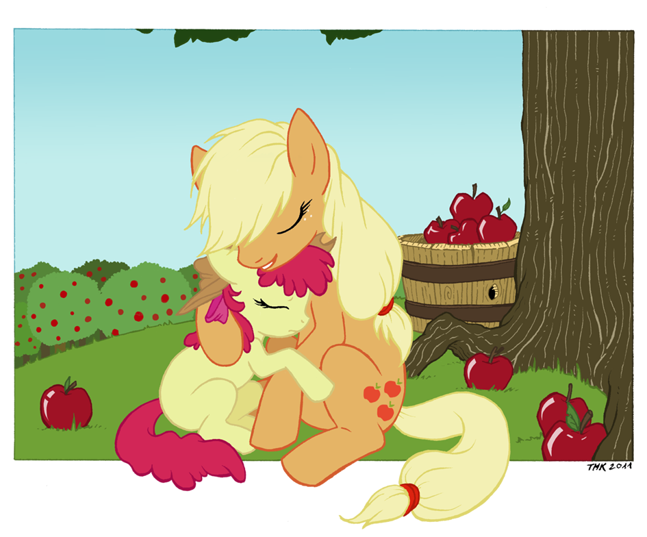 apple apple_bloom_(mlp) applebloom_(mlp) applejack_(mlp) blonde_hair bow bucket cub equine female feral freckles friendship_is_magic fruit fur hair hat horse hug love mammal my_little_pony outside pony red_hair riftryu sibling siblings sisters sky tan tree wood yellow_fur young